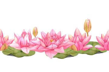 Fototapeta premium Hand drawn Watercolor Seamless Border with pink Lotus Flowers and leaves. Water Lily botanical Illustration on isolated background. Pink tropical Flowers for invitations, print and card design