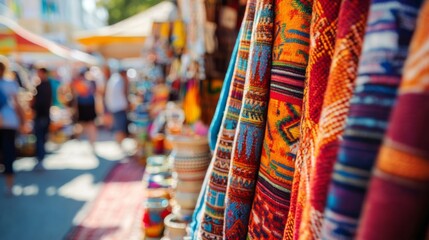 A lively market stall showcases colorful handcrafted textiles and ceramics, attracting visitors at a thriving community fair filled with excitement and creativity