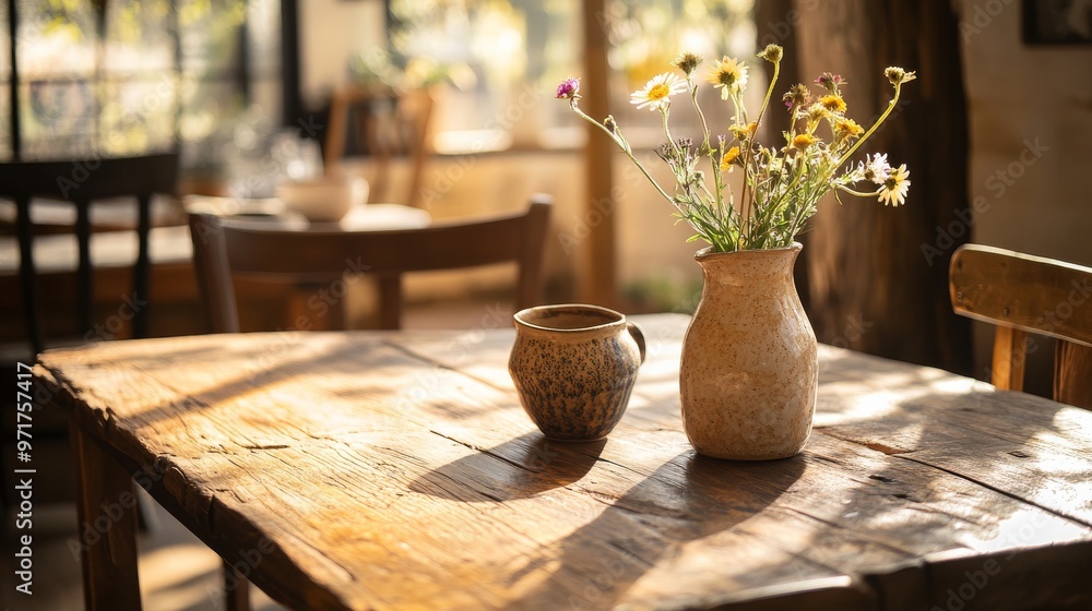 Poster natural light streams through the window, illuminating a rustic wooden dining table set with unique 