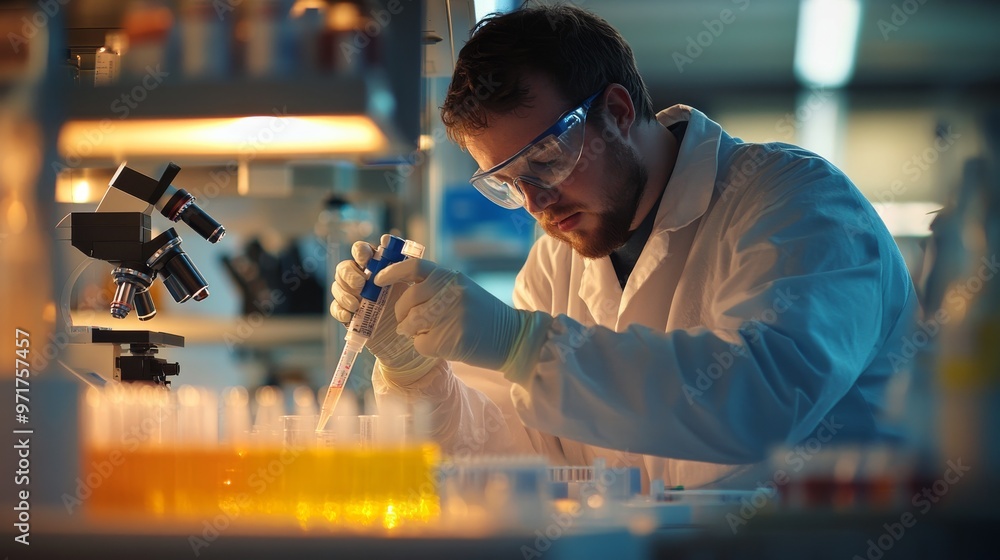 Poster a scientist in a laboratory is focused on using a pipette to measure precise liquid volumes for medi