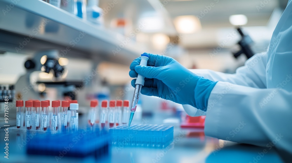 Poster a scientist in a lab coat carefully uses a pipette to dispense liquid into a container, surrounded b