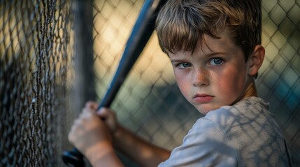 The boy grips a baseball bat tightly, focusing intently as he stands inside a batting cage, ready to take his swing during practice