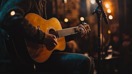 Obraz premium An artist reaches out to the captivated audience while performing on a small stage under warm, dim lighting, creating an intimate atmosphere for a memorable night