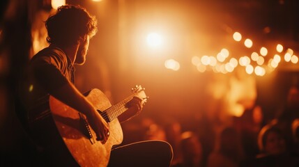 An artist passionately plays guitar on a small stage in a cozy venue. The atmosphere is intimate,...