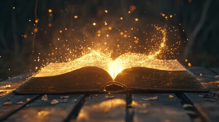 An enchanted book lies open on a rustic wooden table, radiating golden light and sparkling magic from its pages, evoking feelings of wonder and mystery