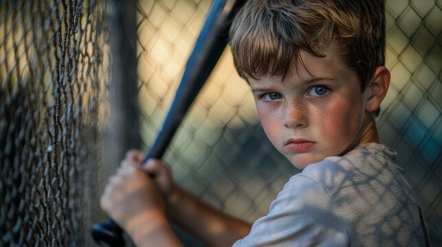 The boy grips a baseball bat tightly, focusing intently as he stands inside a batting cage, ready to take his swing during practice