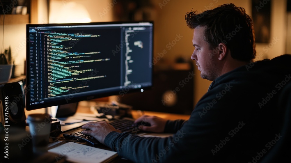 Poster a computer programmer sits at a desk, intently writing code on a monitor, surrounded by notes and a 