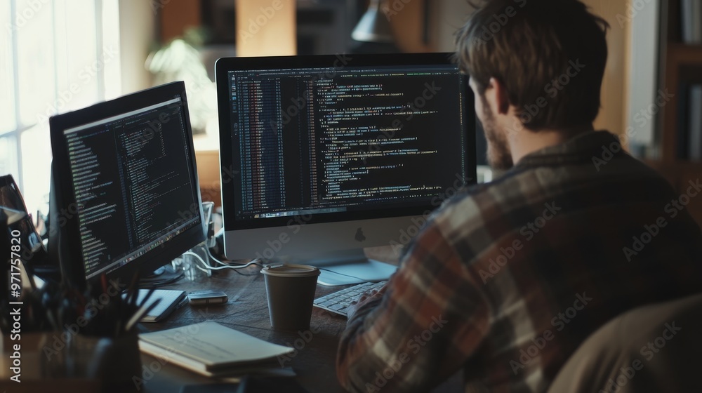 Poster a computer programmer sits at a desk, intently writing code on multiple screens while enjoying a cup