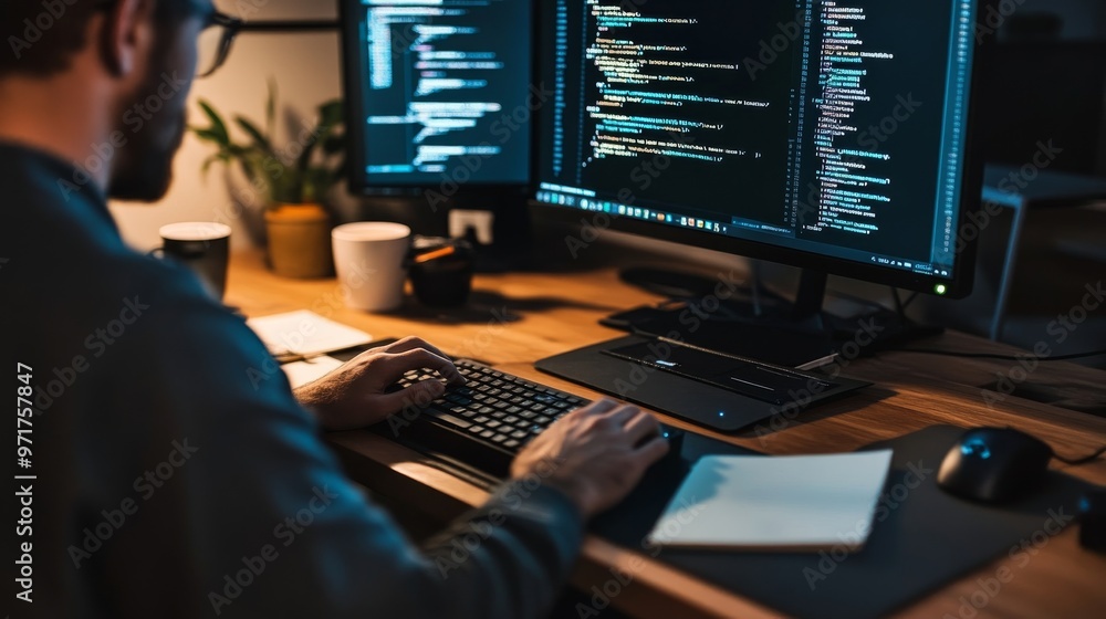 Poster a computer programmer sits at a desk, deeply immersed in writing code on multiple monitors, surround