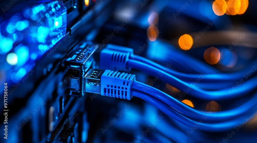 Poster neatly arranged network cables connect various equipment in a data center, illuminated by blue led l