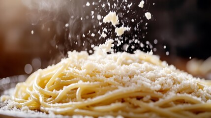 Parmesan cheese falls gently onto hot, freshly served spaghetti, creating a delicious and inviting dish perfect for pasta lovers