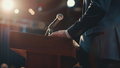 Man with microphone on tribune. President or leaders audience. Candidate on podium, politician speaker on podium. Government oratory spokesman gesture on senate or lecture