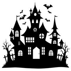 The silhouette showcases a haunted house with distinct towers bats flying above eerie trees and gravestones perfect for Halloween themes
