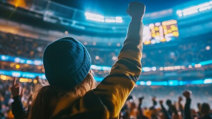 A passionate fan in a beanie passionately raises their fist in celebration among a cheering crowd at a lively sports stadium during an intense game