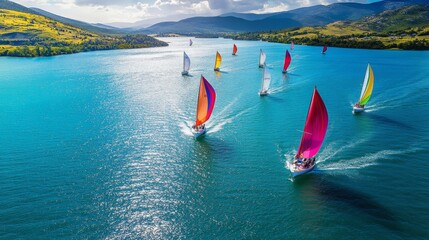 Vibrant sailboats compete in a lively regatta on a tranquil lake, their colorful sails contrasting beautifully with the blue waters and lush green surroundings