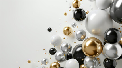 Minimalistic 3D render with a contemporary background featuring silver, gold, and white balls and spheres.