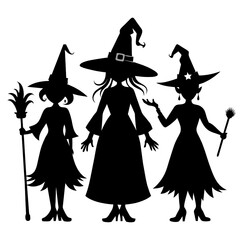 Three witches are depicted in black silhouette showcasing unique hats and accessories capturing a whimsical Halloween vibe in their elegant posture