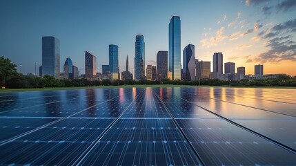 Obraz premium A captivating view features a city skyline illuminated by the rising sun, with solar panels prominently placed in the foreground, emphasizing renewable energy solutions