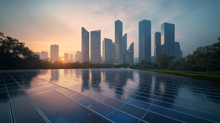 Obraz premium The sun rises behind a modern city skyline, illuminating towering buildings with a warm glow. Solar panels reflect this vibrant light, showcasing renewable energy in action
