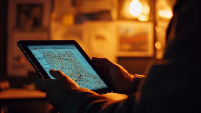 A logistics expert is focused on optimizing delivery routes using a tablet in a warm, dimly lit office, surrounded by maps and planning materials
