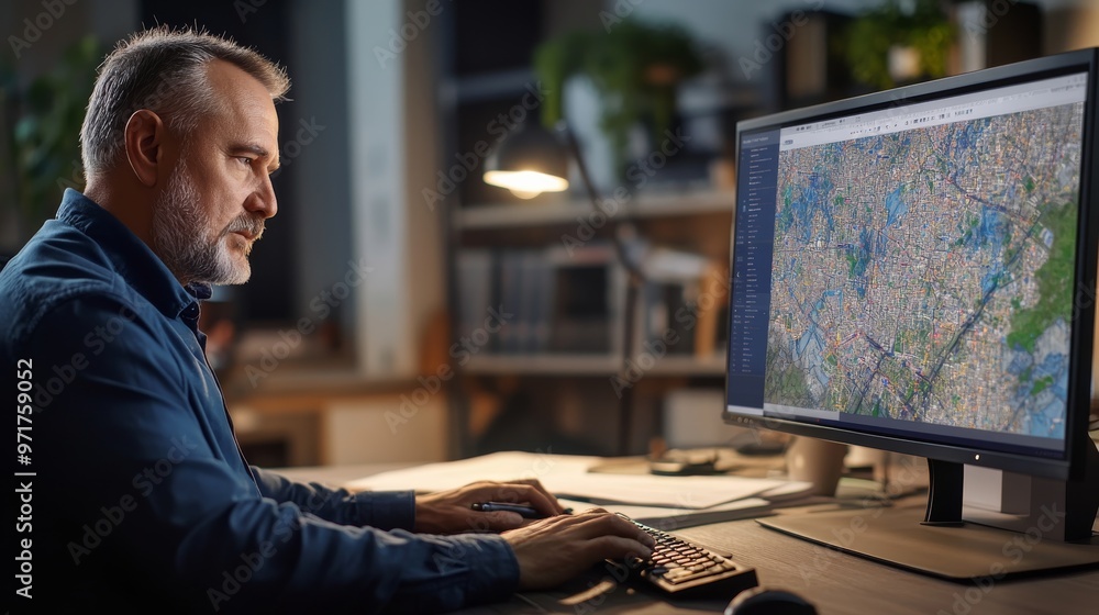 Poster a man sits at his desk in an office, intently analyzing geographic data displayed on a large monitor