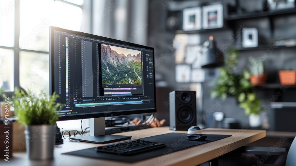 Poster a clean workspace features a widescreen monitor displaying a detailed editing timeline, surrounded b