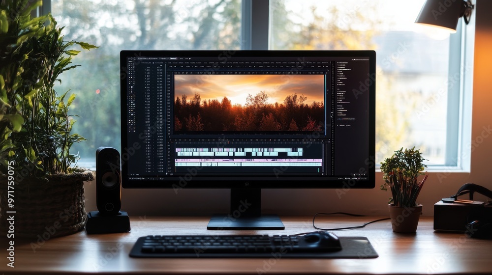Poster a modern desk is equipped with a widescreen monitor displaying a detailed editing timeline, surround