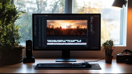Fototapeta premium A modern desk is equipped with a widescreen monitor displaying a detailed editing timeline, surrounded by plants, offering a peaceful outdoor view