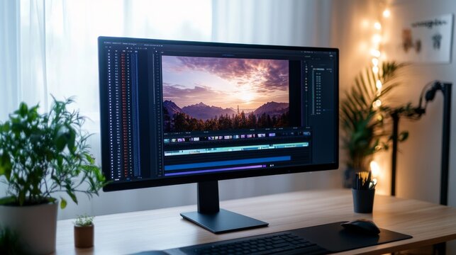 A clean desk features a widescreen monitor showcasing a detailed video editing timeline, complemented by a potted plant and cozy ambient lighting
