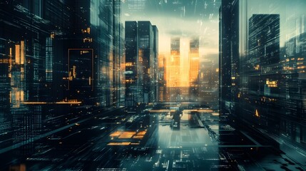 Futuristic cityscape with skyscrapers neon lights and reflective architecture at night