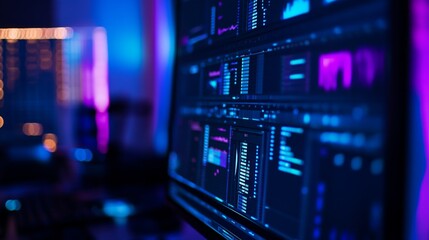 Obraz premium A detailed perspective of a computer screen highlights a dynamic editing timeline, glowing with ambient blue and purple tones in a modern workspace setting