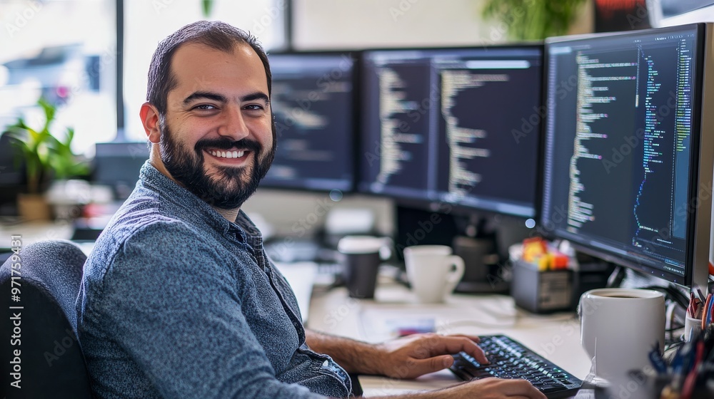 Poster a programmer enjoys his work at a desk surrounded by multiple monitors, focused on coding, with coff