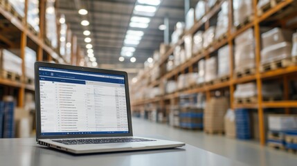 A detailed view of a laptop on a desk displaying inventory management software, set against the backdrop of a well-organized warehouse with shelves stocked with goods - Powered by Adobe