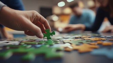 A hand reaches out to position a green puzzle piece into a nearly finished jigsaw puzzle while friends collaborate around a table in a warm and inviting space