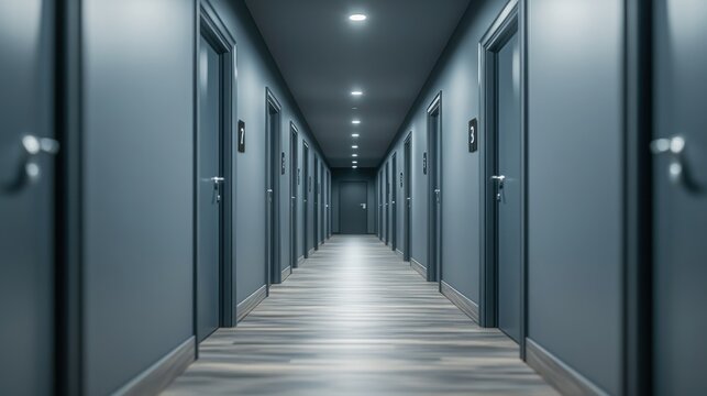 A long hallway with a door on each side. View of hostel hallway with storage and dormitory rooms. Concept Hostel Interior, Dormitory Rooms, Hallway Design, Storage Solutions
