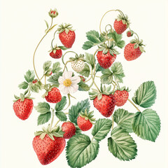 Strawberry Plant with Flowers and Vines Botanical Illustration