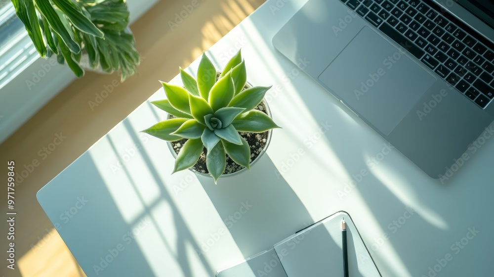 Aufkleber the workspace showcases a clean white desk with a laptop and an open notebook, complemented by a vib