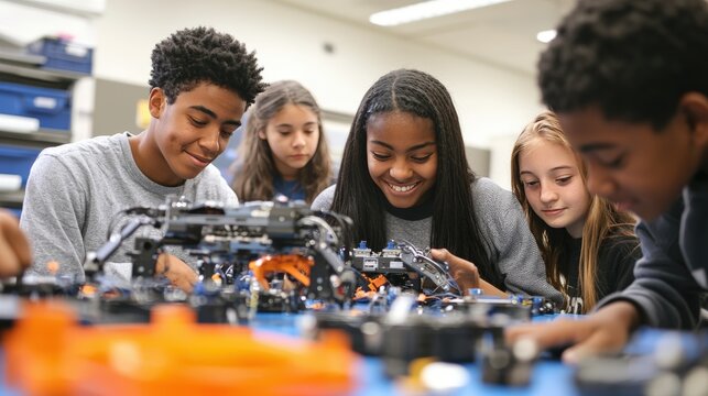 Diverse Group of Students Collaborating on Robotics Project in School STEM Lab for Equality in Education