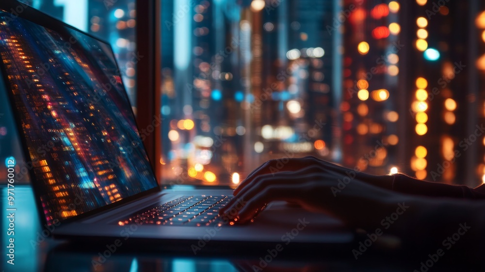 Poster fingers move swiftly over the keyboard of a modern laptop, illuminated by city lights shining throug