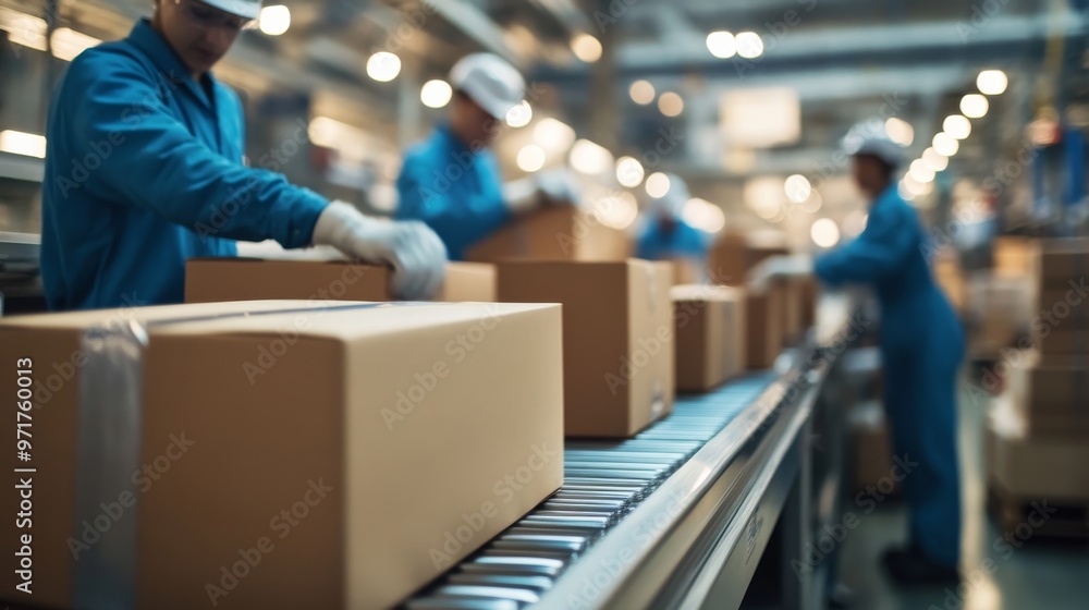 Poster workers in a factory setting are diligently packaging products as they move along a conveyor belt, e