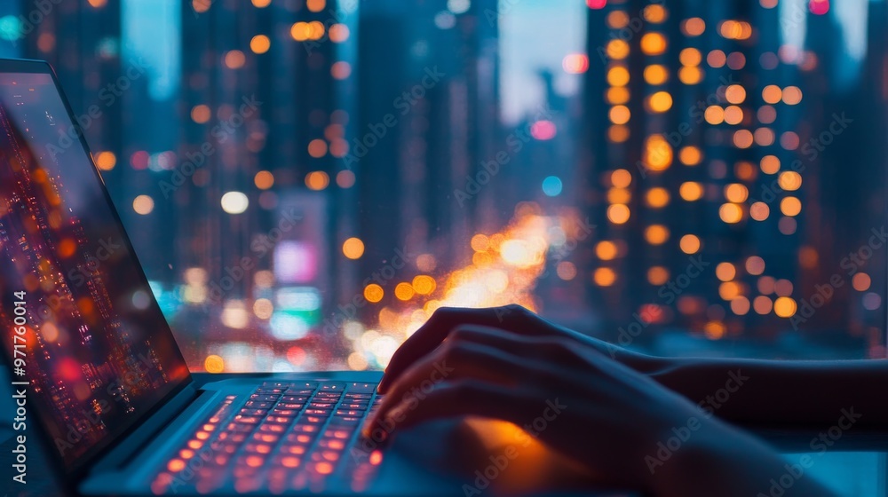 Poster a close-up view shows hands actively typing on a modern laptop while a stunning city skyline with tw