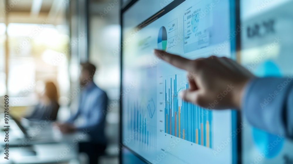 Poster a presenter is highlighting key data points in a business presentation, standing next to a large dis