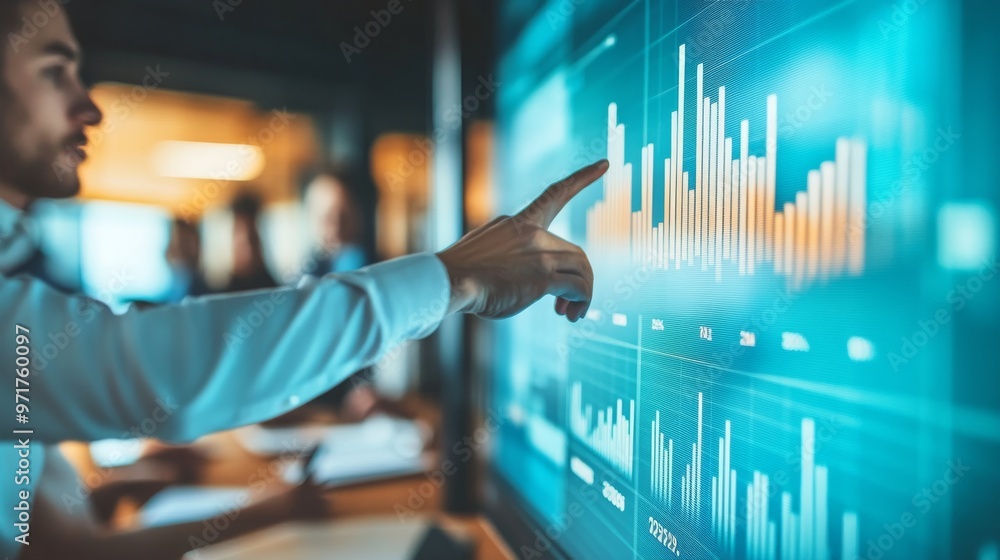 Poster a presenter highlights important data trends on a large screen in a contemporary office setting whil