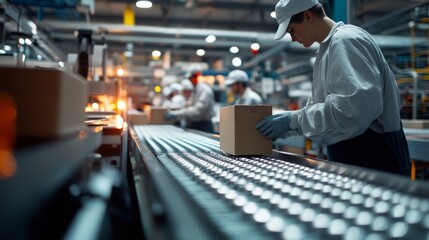 A group of factory workers stands by a conveyor belt, carefully packaging products as the line moves steadily during a demanding work shift
