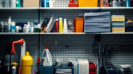 The office supply room showcases organized shelves filled with stacks of paper, cleaning sprays, and mops hanging for easy access, promoting a tidy work environment