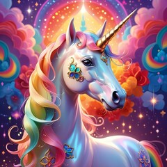 colorful, fantastical unicorn with a rainbow mane and tail, standing in front of a vibrant, starry sky, intricate, colorful designs on its body