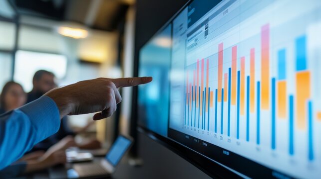 A presenter highlights key data points during a business presentation in a contemporary office, with colleagues engaged in discussion and observation