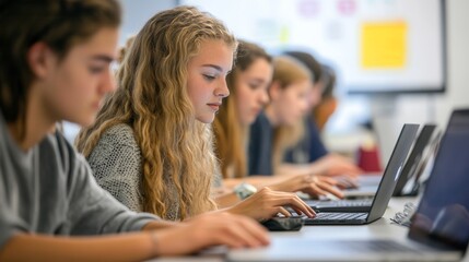 A diverse group of students is intensely working on their laptops, showcasing a collaborative educational environment in a contemporary classroom