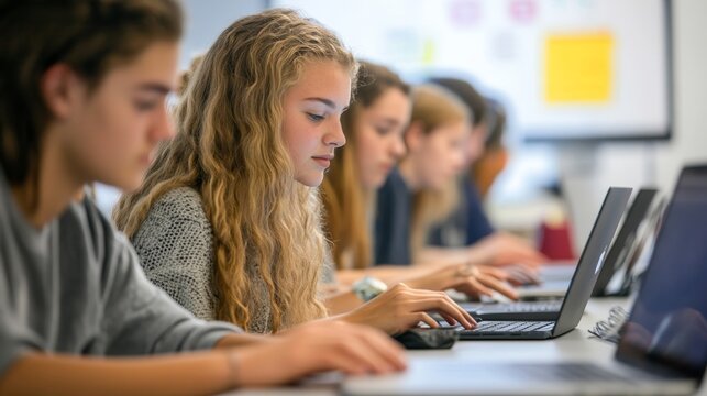 A diverse group of students is intensely working on their laptops, showcasing a collaborative educational environment in a contemporary classroom