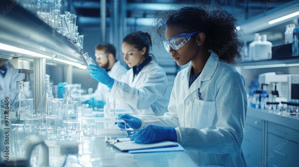 Poster diverse team of scientists collaborating in a modern high-tech laboratory for equality in stem